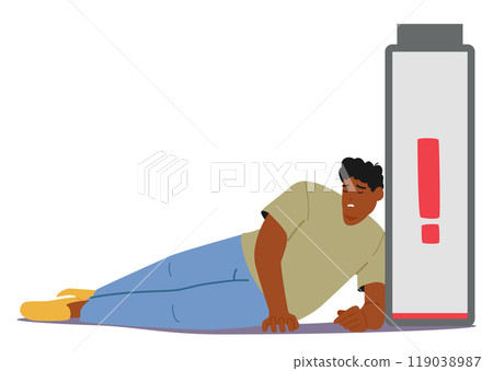Exhausted Man Lying Beside A Low Battery Symbol Indicating Tiredness And Energy. Concept Of Exhaustion And Burnout 119038987