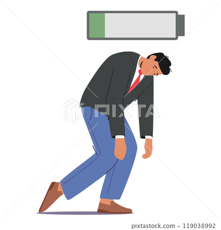 Tired Businessman Character Standing With Slumped Shoulders And A Low Battery Icon Above Depicting Exhaustion Tired Businessman Character Standing With Slumped Shoulders And A Low Battery Icon Above Depicting Exhaustion 119038992