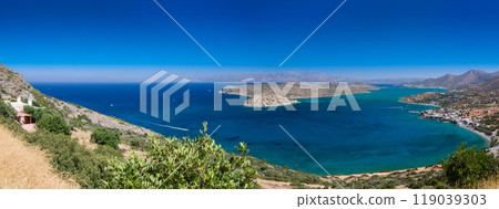 A view of Spinalonga Island surrounded by a bay from a hilltop (Plaka, Crete, Greece) 119039303
