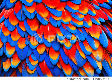 Colorful of Scarlet macaw bird's feathers with red yellow orange and blue shades 119039384