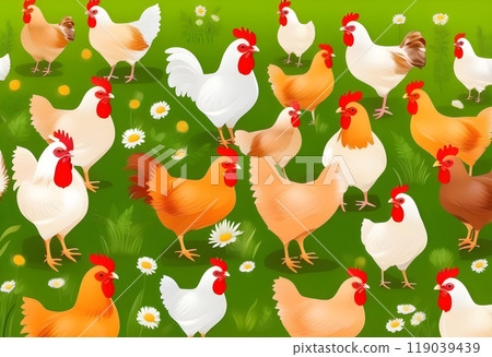Chicken, farming and agriculture on grass, field or outdoor for free range eating, organic or sustainable farm. 119039439