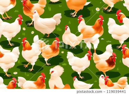 Chicken, farming and agriculture on grass, field or outdoor for free range eating, organic or sustainable farm. 119039441