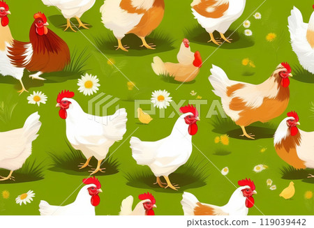 Chicken, farming and agriculture on grass, field or outdoor for free range eating, organic or sustainable farm. 119039442