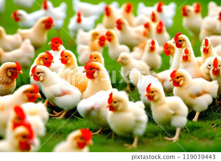 Chicken, farming and agriculture on grass, field or outdoor for free range eating, organic or sustainable farm. 119039443