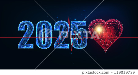Abstract 2025 healthcare, medicine industry concept banner with red heart and heartbeat on dark blue 119039759