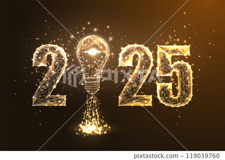 Abstract 2025 vision, startup concept banner with gold lightbulb symbol on black background. 119039760
