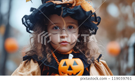 Young child in a Halloween witch costume with a pumpkin basket during a festive autumn celebration 119039761