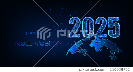 Futuristic 2025 New Year landing page template with 2025 digits and planet Earth on blue background. Futuristic 2025 New Year landing page template with 2025 digits and planet Earth on blue background. 119039762