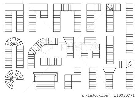 Set of stairs icons for flor plan. Staircase symbols for interior design project. Stairway elements for architecture blueprint isolated on white background. Vector graphic illustration Set of stairs icons for flor plan. Staircase symbols for interior design project. Stairway elements for architecture blueprint isolated on white background. Vector graphic illustration 119039771