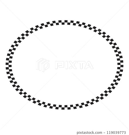 Oval frame with black and white checkered print. Elliptic vignette with checkerboard, rally flag or chess game board squares pattern. Geometric framework. Vector graphic illistration 119039773