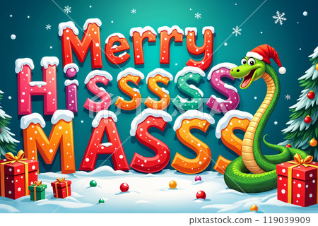 Colorful holiday greeting card with snowflakes and presents. 119039909