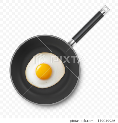 Vector 3d Realistic Fried Egg in the Black Frying Pan, Closeup Isolated, Top View. Design Template of Scrambled Eggs, Fried Egg, Omelette. Delicious Breakfast, Food, Culinary Concept 119039986