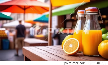 Vibrant market scene with fresh orange juice and colorful umbrellas 119040109