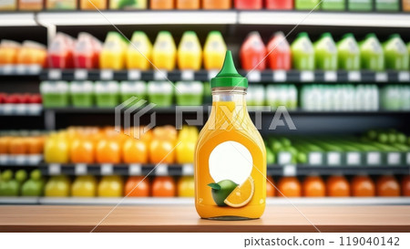 Colorful juice aisle with focus on lemon-flavored bottle in supermarket display 119040142
