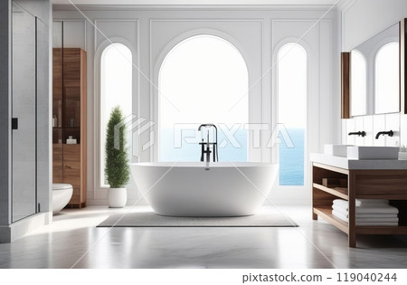 Modern luxurious bathroom with ocean view and elegant freestanding tub 119040244