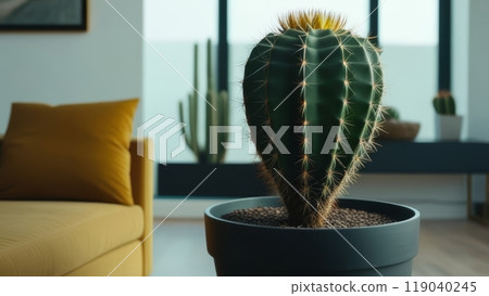 Modern living room with a cactus and yellow couch near large windows 119040245