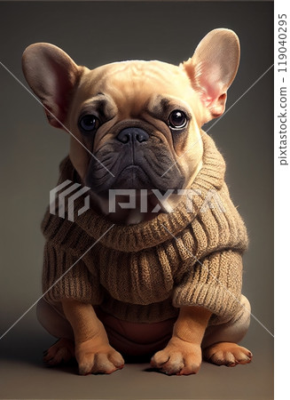 Portrait of brown puppy a French bulldog, dressed in a brown knitted sweater 119040295