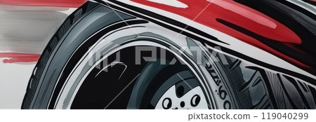 Sleek close-up of a racing tire on red sportscar 119040299