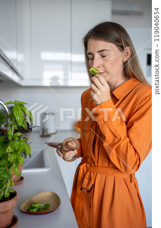 Woman enjoying smelling fresh basil herb grown on kitchen at home. Eco organic products for cuisine Woman enjoying smelling fresh basil herb grown on kitchen at home. Eco organic products for cuisine 119040654