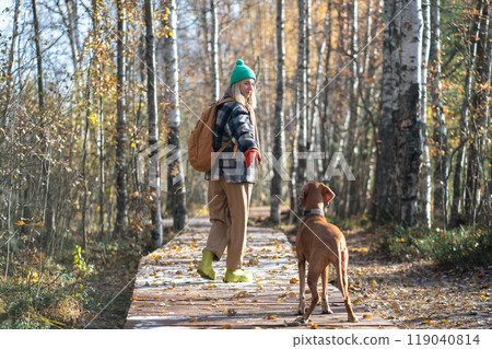 Cheerful woman peacefully walking, strolling in sunny autumn forest with playful hunting dog. 119040814