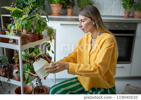 Focused young florist woman waters small indoor plants in flower pots with metal watering can Focused young florist woman waters small indoor plants in flower pots with metal watering can 119040830