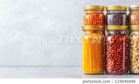 Jars of Colorful Grains and Pasta Against a Neutral Background, AI 119040896