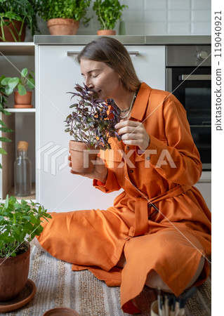 Swedish woman smelling purple basil plant growing it on kitchen at home for eating. Indoor gardening 119040921