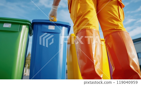Sanitation Worker Sorting Recycling Bins Outdoors, AI 119040959