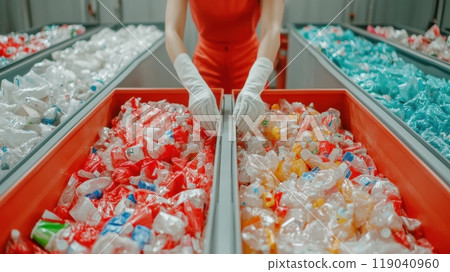 Worker Sorting Plastic Bottles in Recycling Facility, AI 119040960