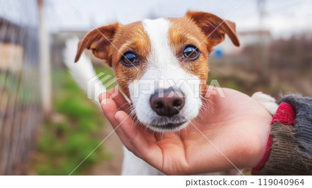 Friendly Jack Russell Terrier Being Petted Outdoors, AI 119040964