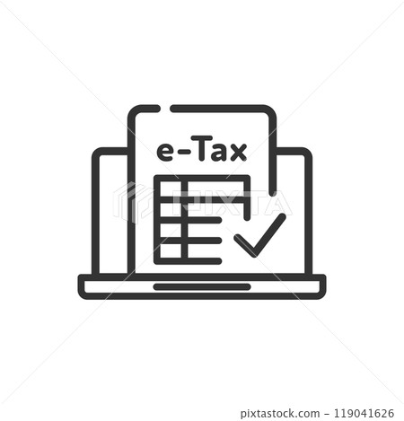 用於在筆記型電腦上完成報稅表(電子稅)的圖示(黑白) 用於在筆記型電腦上完成報稅表(電子稅)的圖示(黑白) 119041626