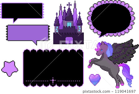 A collection of Pegasus, witch's castle, speech bubbles, and frames with a dark atmosphere drawn with pixel art. 119041697