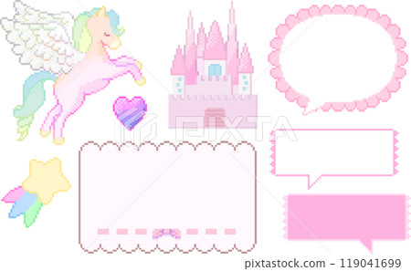 懷舊像素藝術，帶有柔和色彩的飛馬座、語音氣泡和框架材料 119041699