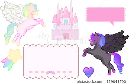 用像素藝術繪製的可愛飛馬座、深色飛馬座、對話氣泡和框架材料 119041700