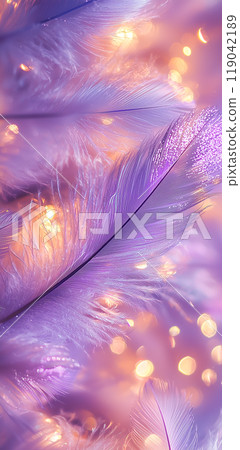 Feathers floating in warm pastel light 119042189