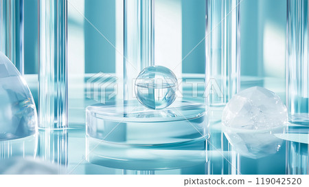 Modern architectural design with floating glass sphere, product display stand 119042520
