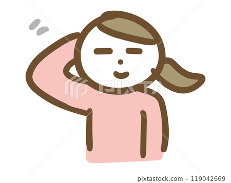 一位身著休閒服的年輕女子(上半身,正面)面帶微笑,搔著頭。 一位身著休閒服的年輕女子(上半身,正面)面帶微笑,搔著頭。 119042669