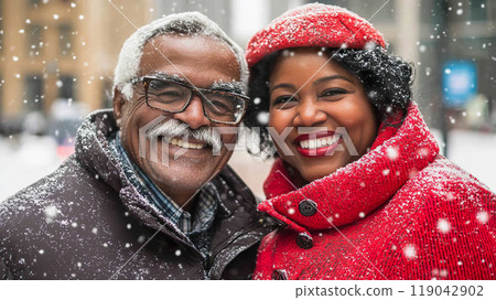 An elderly multiracial couple smiles joyfully together as snowflakes fall on Christmas Day An elderly multiracial couple smiles joyfully together as snowflakes fall on Christmas Day 119042902