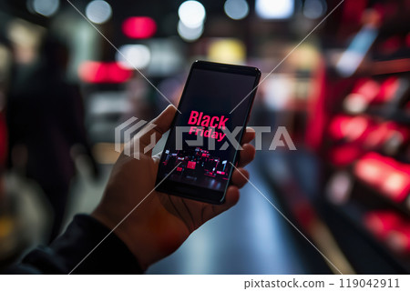 A person holds a smartphone displaying Black Friday sale details in a retail store at night 119042911