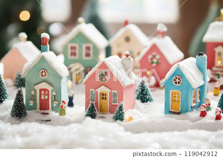 mini Christmas toy village with colorful houses and joyful characters celebrating winter joy. 119042912