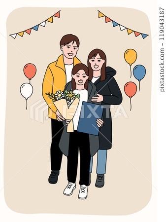 Family at elementary school graduation ceremony. 119043187