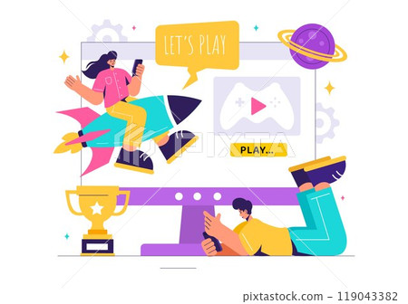 Video Games Vector Illustration with Programmers Playing Gamepad Controllers in Console Fights on Android, Mobile, and Computer in a Flat Background 119043382