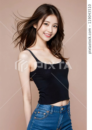 Young female model wearing a black tank top 119043510