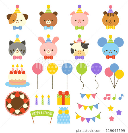 Set of cute animal faces and design elements for birthday parties Set of cute animal faces and design elements for birthday parties 119043599