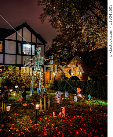 Halloween decorations in front of a house in the middle of a suburban neighborhood 119043605