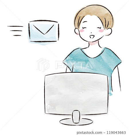一位時尚女性收到電子郵件的水彩向量圖 119043663