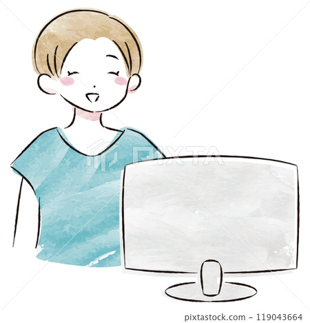 Watercolor vector illustration of a stylish woman operating a computer 119043664
