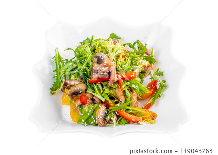 Fresh salad with seafood, baked potato and vegetables on white background Fresh salad with seafood, baked potato and vegetables on white background 119043763