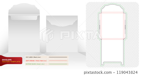 Die cut envelope invitation template isolated backgrounds for your design, packaging branding, product compartment unique designs, minimalist conceptual holder, stationery packs, 3d mock-up realistic 119043824