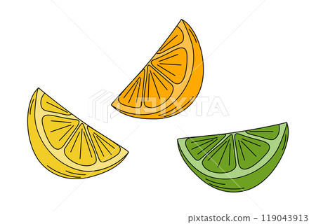 3 citrus slices Lemon, orange and lime in trendy bright colors Pop Art. Lemon and orange Day element 3 citrus slices Lemon, orange and lime in trendy bright colors Pop Art. Lemon and orange Day element 119043913
